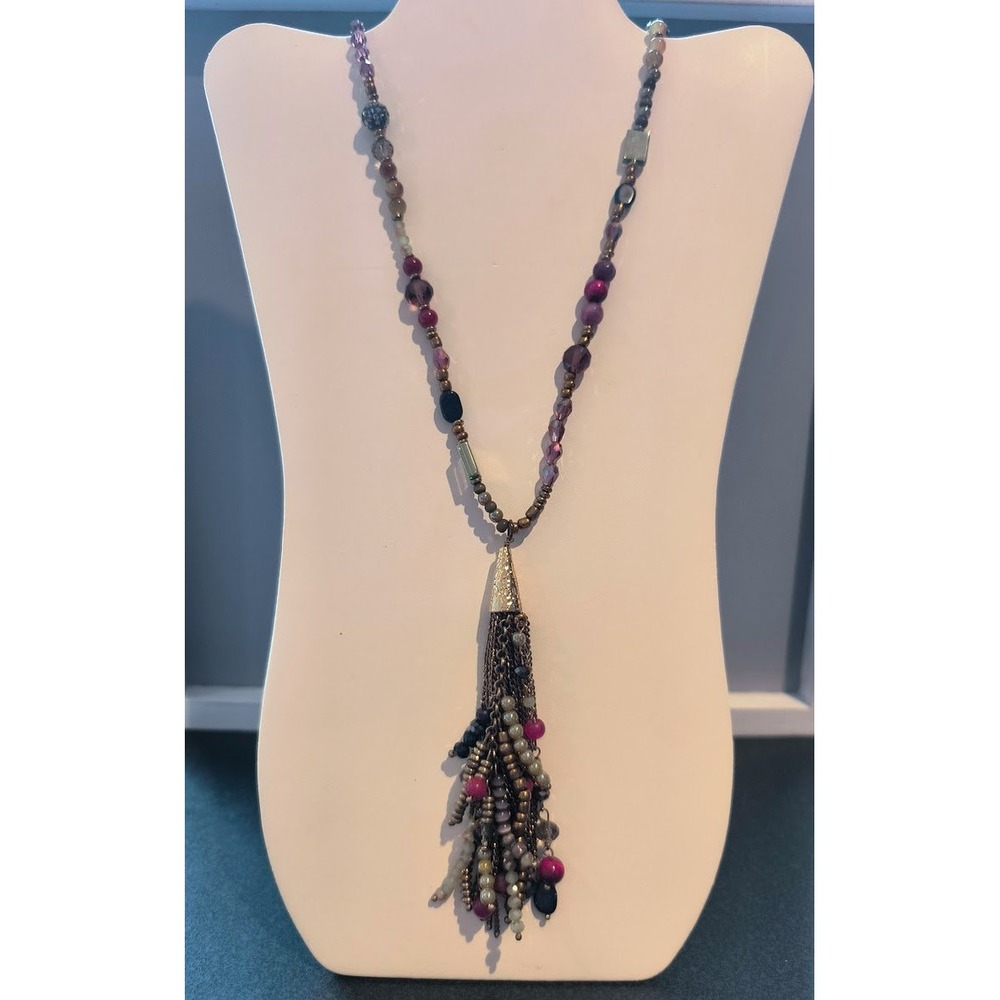 Chicos‎ Long Beaded Tassel Necklace Purple Pink Gold Tone Statement Jewelry